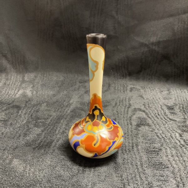 Vintage Regina Gouda bud vase with colourful floral design.