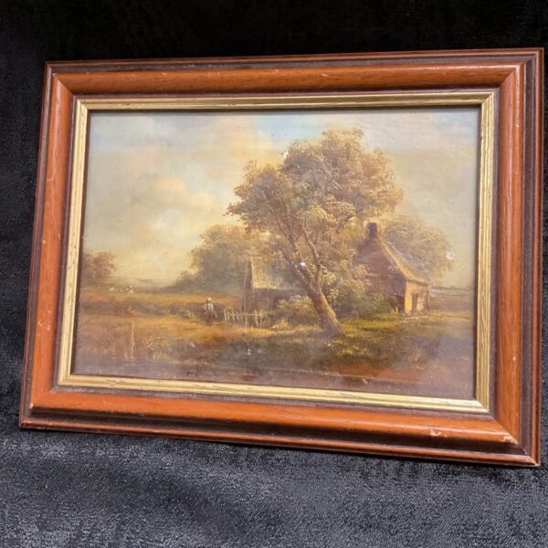 Antique English landscape oil painting with figures and a rural scene.