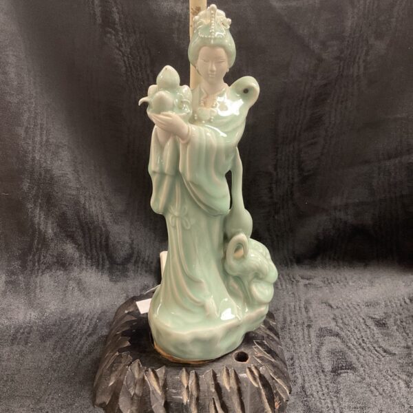 Vintage Chinese porcelain table lamp with lady and peaches.