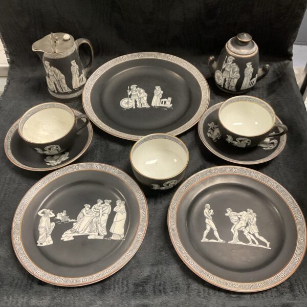Victorian Pratt Fenton teaset with Greek figures on black basalt.