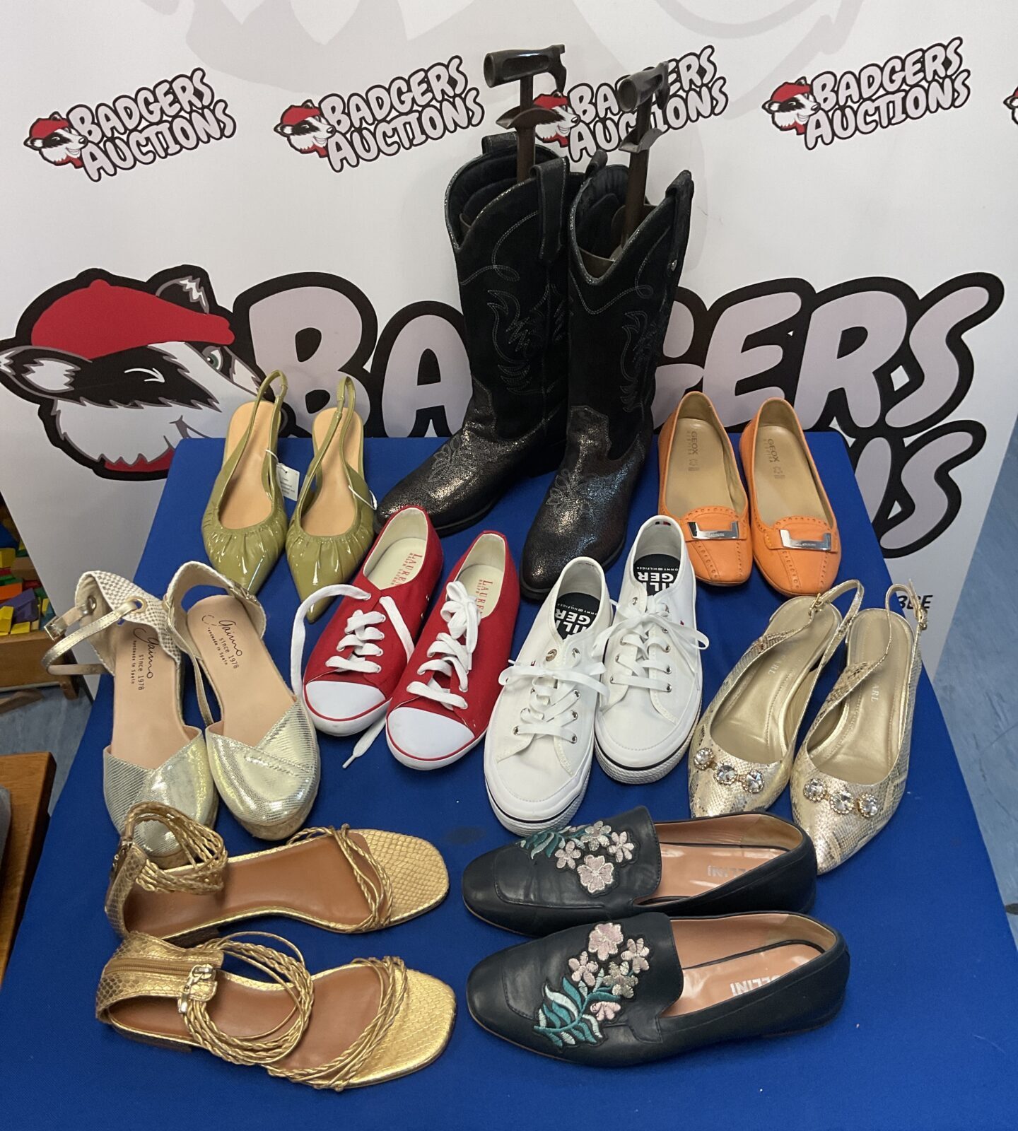 Osprey black suede cowboy boots, Asda selection of shoes, trainers, Tommy Hilfiger, Ralph Lauren, and shoes