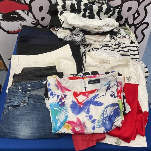 Two bags of clothes, dresses, tops, and trousers