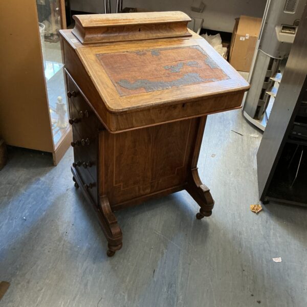 Front view of antique mahogany Davenport writing desk.