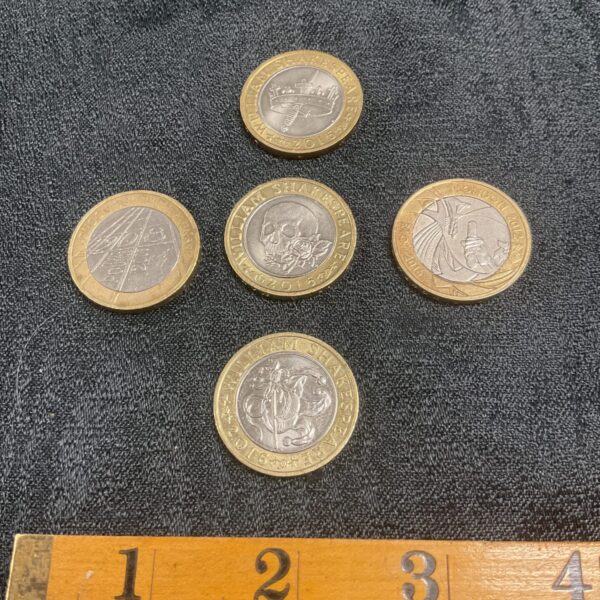 five £2 Coins 2008 olympic change over 2012 Change over and 3 Shakespear