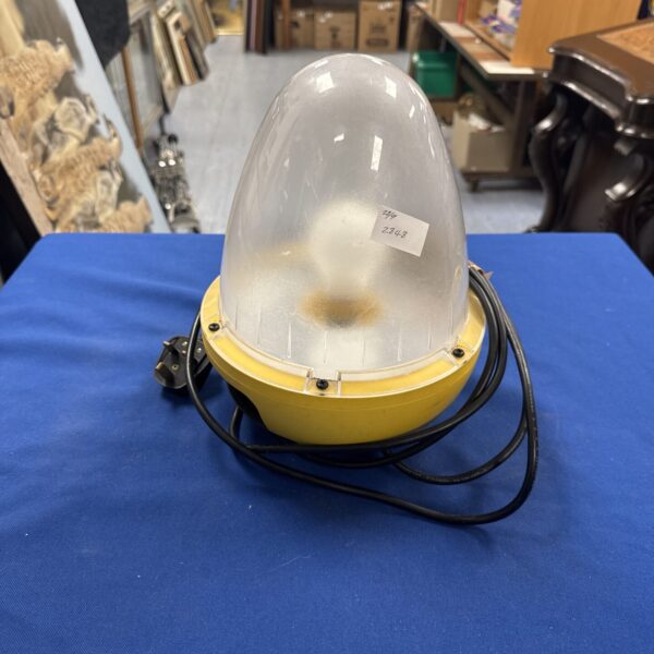 Vintage Defender Egg Light, industrial enamel lamp for workshops.