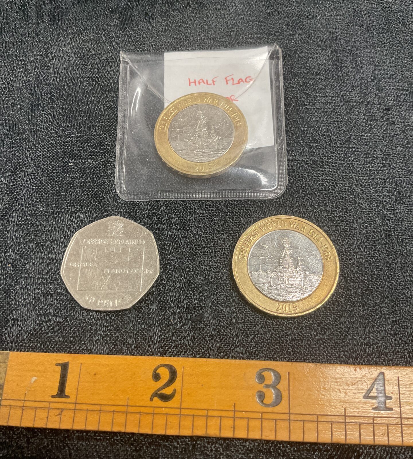 2015 £2 coin with flag error and one without and offside 2011 Olympic 50p