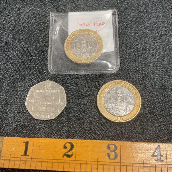 2015 £2 coin with flag error and one without and offside 2011 Olympic 50p