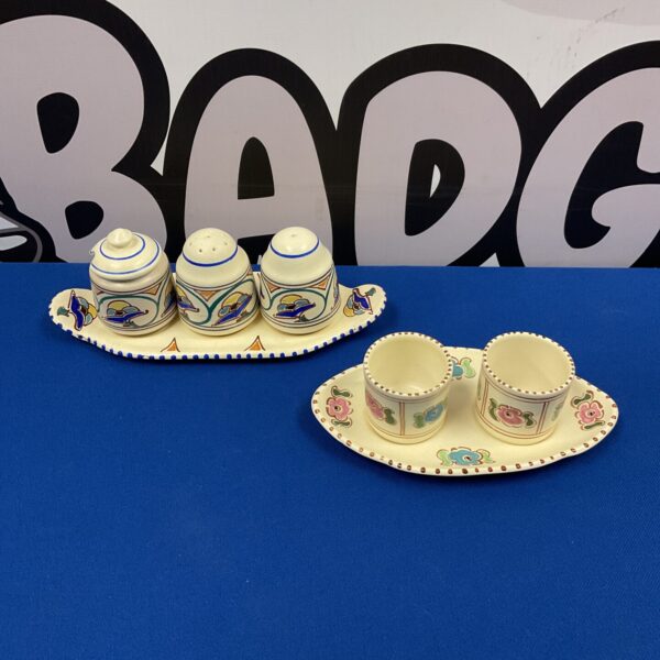 Vintage Honiton Devon Pottery cruet set with colourful floral designs.