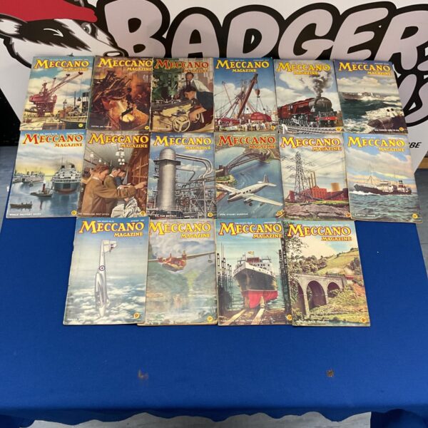 Stack of vintage Meccano magazines from the 1940s and 50s.