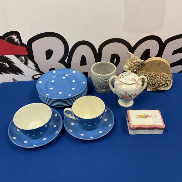 Vintage T G Green polka dot dinnerware set with plates and cup.