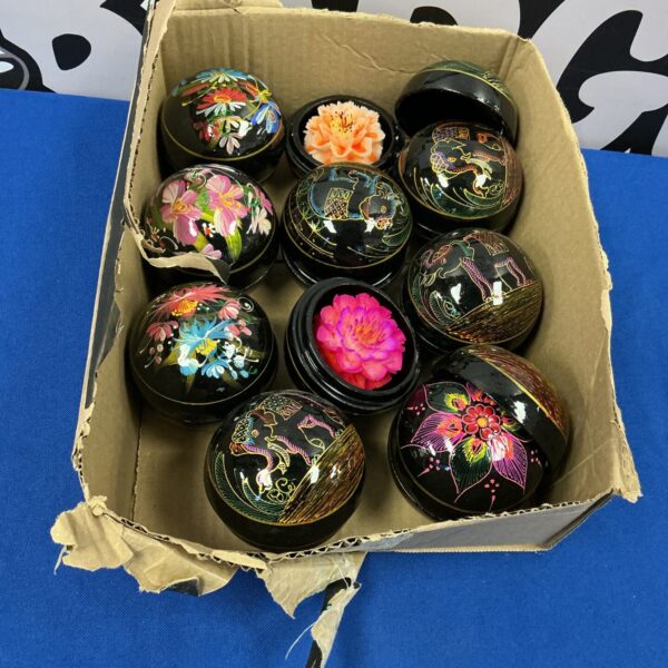 Tray of vintage hand painted wooden boxes with wax flowers.
