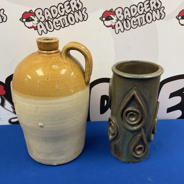 Vintage Bristol salt glazed flagon and studio pottery vase.