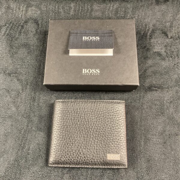 Black Hugo Boss leather wallet, bi-fold design, stylish accessory.