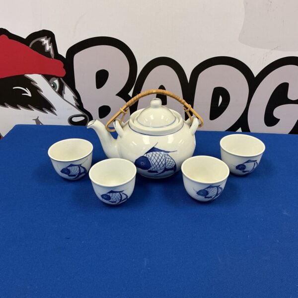 White porcelain teapot set with Koi fish design, Asian ceramics.