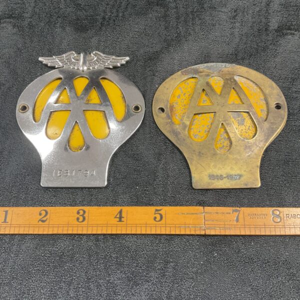 Vintage AA badges from 1945-1957, brass motoring collectables.