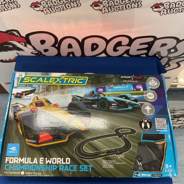 Scalextric Formula E Race Set box with Jaguar and other cars pictured.