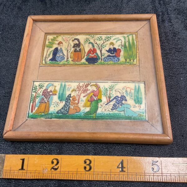 Antique Persian miniature painting on bone, framed artwork.