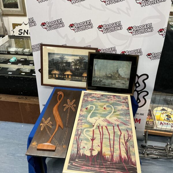 Mixed lot of framed artworks including a Venice print and flamingo art.