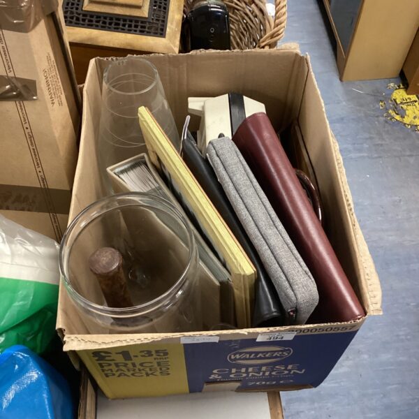 Mixed lot of vintage pottery and glass items in a box.