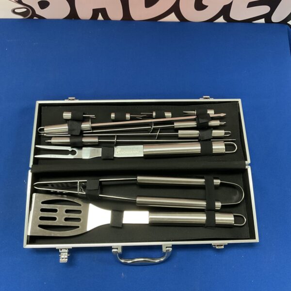 Landmann BBQ utensil set in black carrying case.