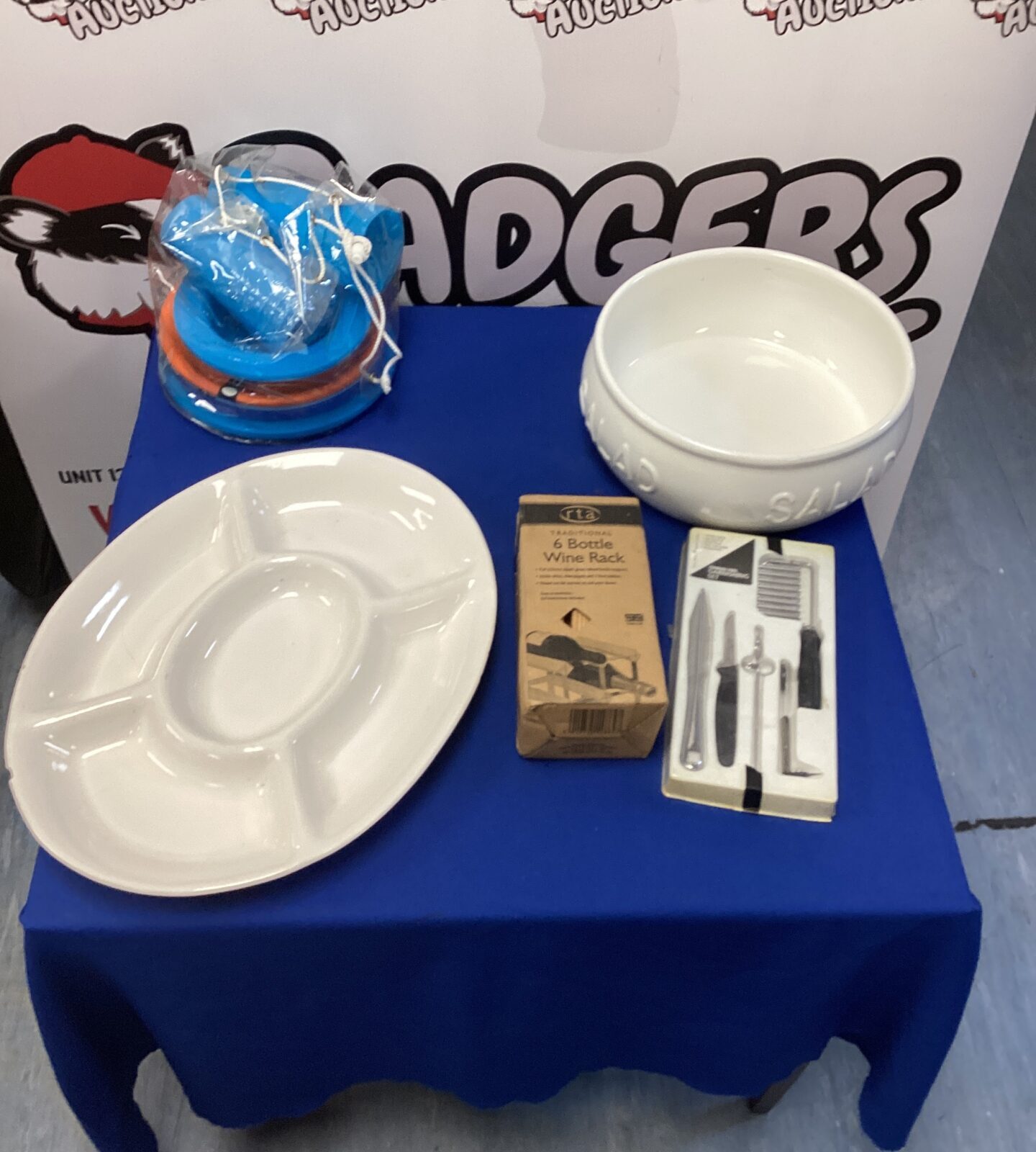 Box of mixed tableware inc large salad bowl, tapas serving plate & plastic picnic set & two medium sized cooking pans
