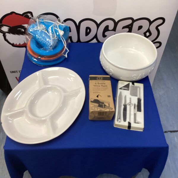 Box of mixed tableware inc large salad bowl, tapas serving plate & plastic picnic set & two medium sized cooking pans
