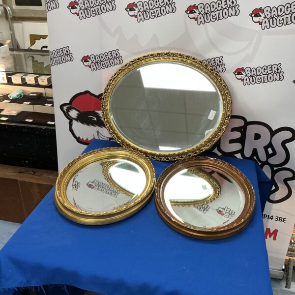 Lot of three vintage gilt framed wall mirrors for home decor.