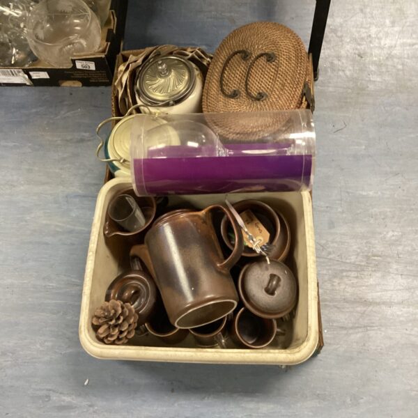 Vintage brown pottery coffee set on a tray.