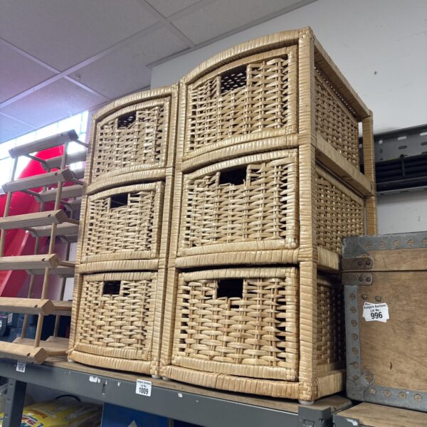 Set of two woven wicker storage cabinets for home decor.
