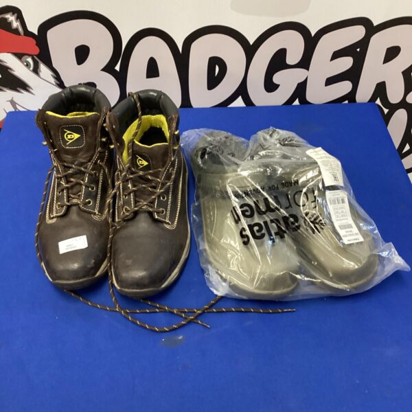 Pair of dunlop steel toe capped boots size 10 with atlas garden slippers