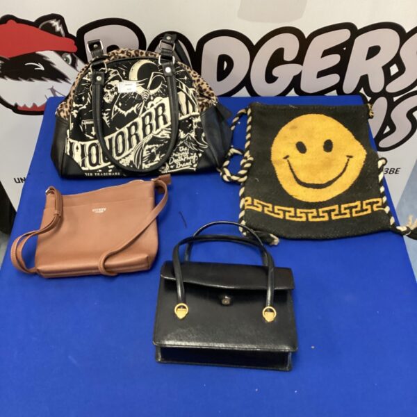Designer handbag lot featuring Gucci style, Osprey and Liquorbrand bags.