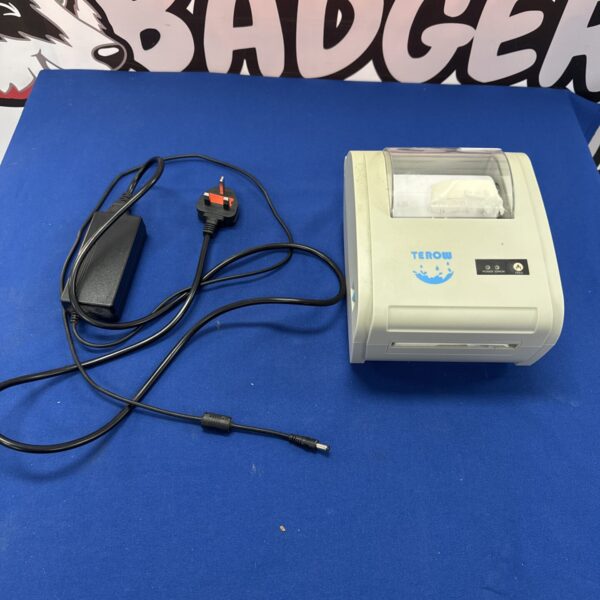 Terow postage label printer with power adapter shown.