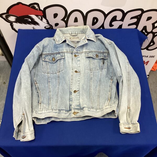 Front view of a vintage Traffic London denim jacket.