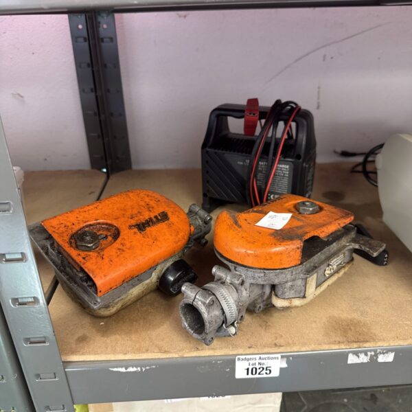 Stihl petrol tool parts and RAC 12V battery charger for garden maintenance.
