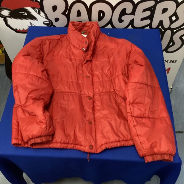 Red Benetton puffer jacket size M, front view.