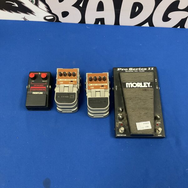 Guitar effects pedals lot including Morley, Line 6, and Frontline.