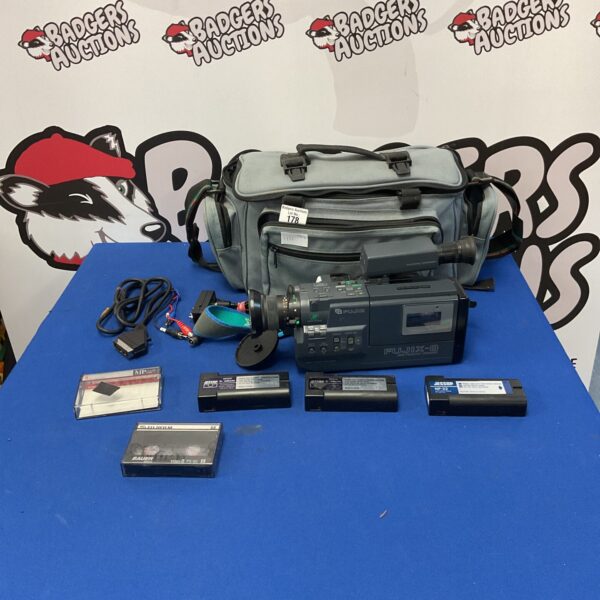 Vintage Fujix-8 P600AF camcorder with batteries, a retro video camera.