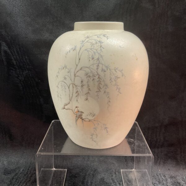 Vintage Poole Pottery vase with birds and weeping willow design.