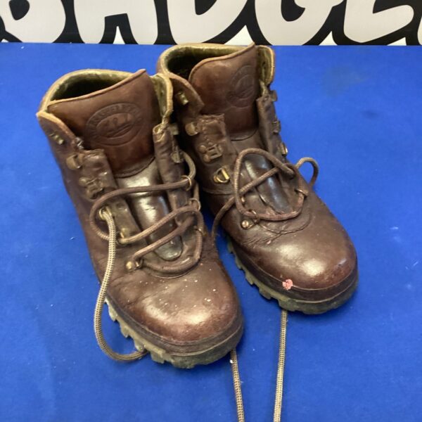 Vintage size 6 brown leather Brasher walking boots, showing wear.