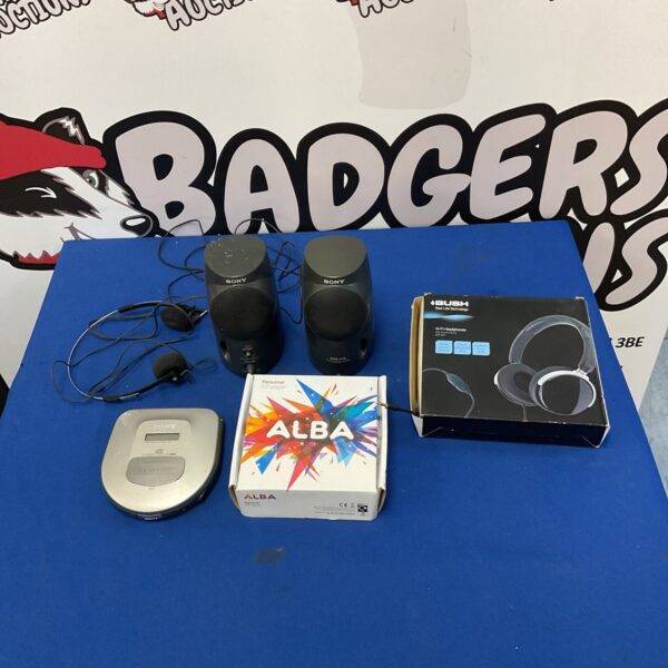Vintage audio bundle including Sony Discman, Alba CD player, and Bush headphones.