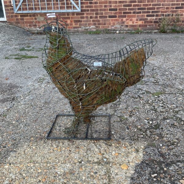 Wire chicken plant support in a garden setting.