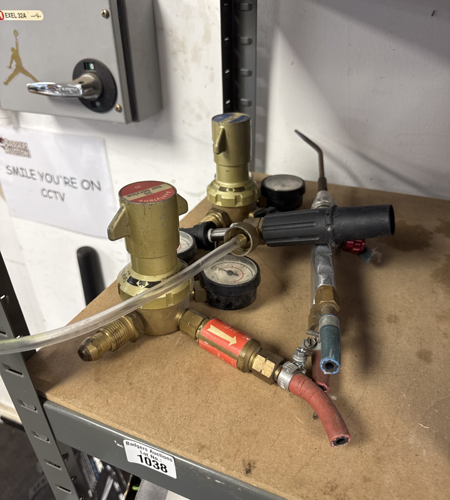 Selection of gas bottle regulators, pressure washer nozzle & a torch