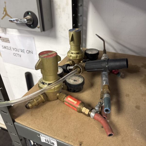 Selection of gas bottle regulators, pressure washer nozzle & a torch