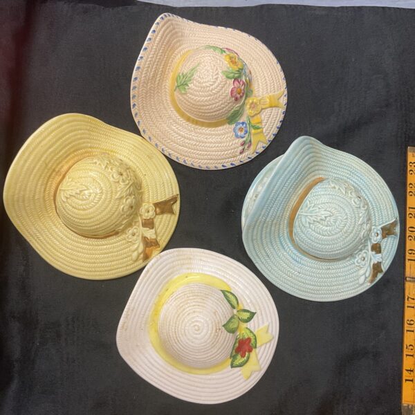 four Solian ware dolly varden straw hat wall pockets circa 1930