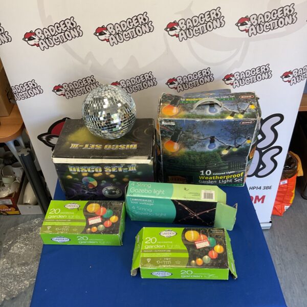 Garden lights set with disco ball, festive outdoor lighting.