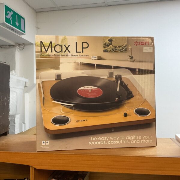 Side view of the ION Max LP turntable with stereo speakers.