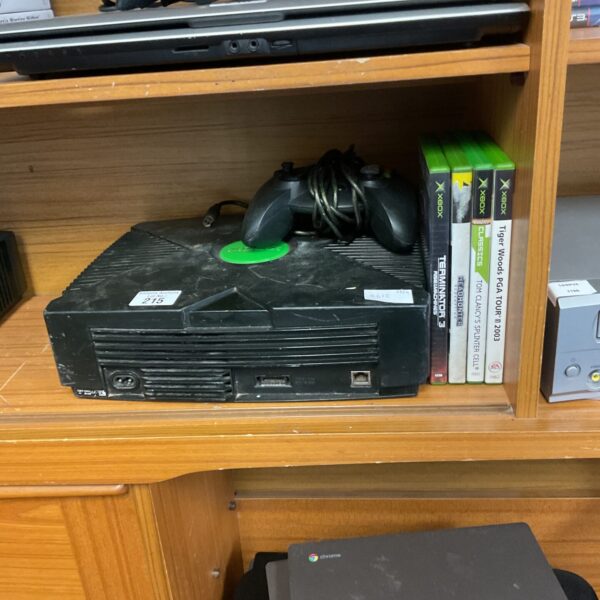 Original Xbox console with remote and PGA Tour 2003 game.