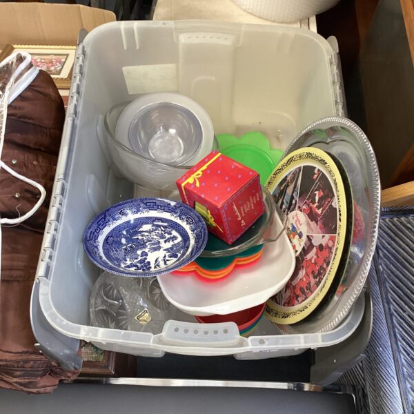 Crate of mixed house clearance kitchenware inc dishes, plates & serving tray