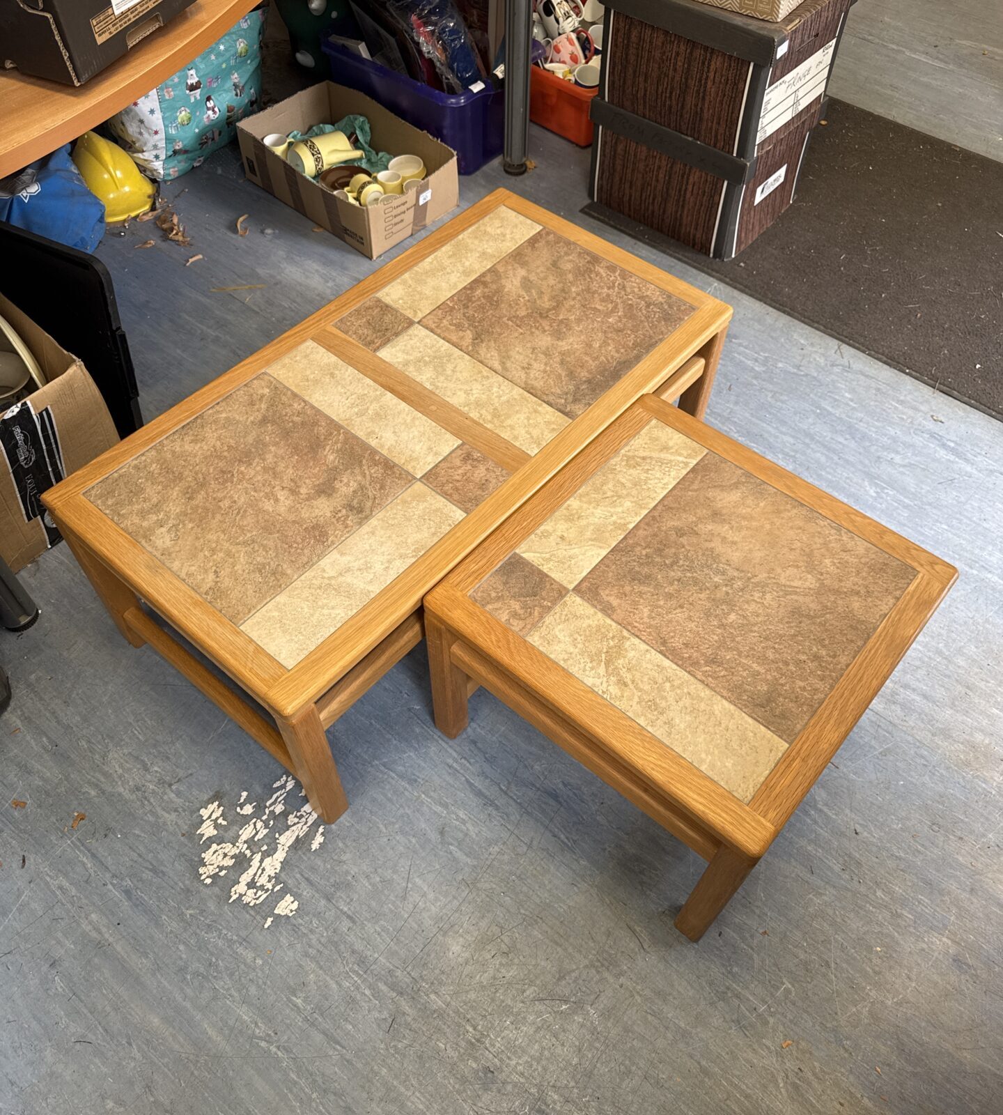 Pine tile topped coffee table (39” length) with matching side table (20.5” x 20.5”)