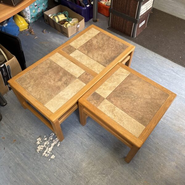 Pine tile topped coffee table (39” length) with matching side table (20.5” x 20.5”)